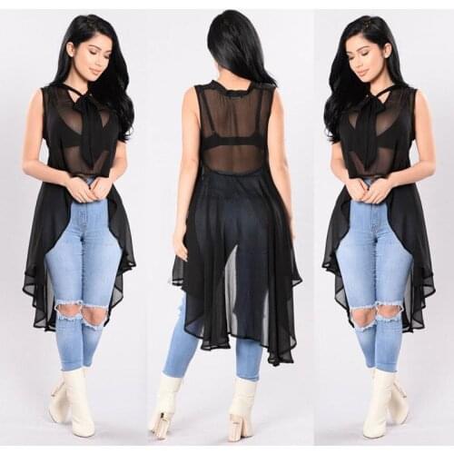 New Sexy Womens Transparent Fluoroscopy Sleeveless Loose Blouse Casual Shirt Summer Fashion Lrregular Perspective Tops Blouses