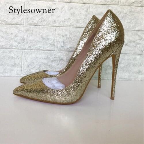 Stylesowner New Arrival Gold Solid Color Shallow Wedding Party Shoes Sequined Cloth Large Size Elegant High Heels 12cm Stiletto