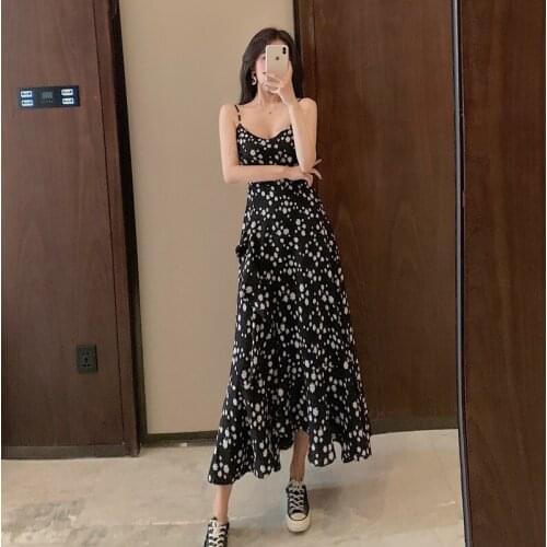 Dress Women 2021 Summer V-neck Print Floral Dress Suspenders French Retro Female Daisy Beach Mid-length Dress Sling Long Dress