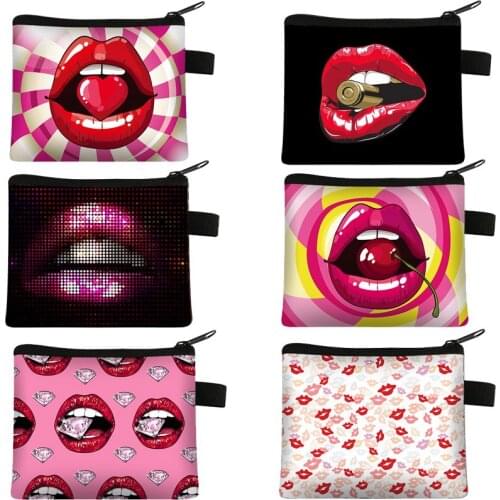 Sexy Red Lips Print Money Bag Canvas Cute Card Bags Holder Sanitary Pad Pouch Cosmetics Pouch Storage Bags Women Purse