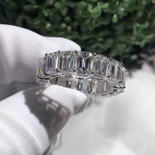 SATINE Eternity Promise Ring 100% Real 925 sterling Silver Full Emeral cut Diamond Engagement Wedding Band Rings For Women Men