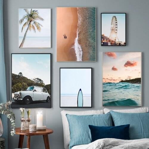 Nordic poster seaside coconut Ferris wheel car wall art oil painting and printing wall painting living room home decoration pain