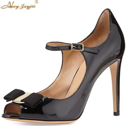 Black Patent Leather Peep Toe Mary Janes Pumps Solid Cute Bow Super Stiletto Heels Women Plus Size 46 16 Buckle Strap Shoes