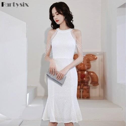 Partysix Women Short Elegant Women Sleeveless Sequins Beading Turmpet Dress O-Neck High Waist Women Sexy Party Dress Vestidos