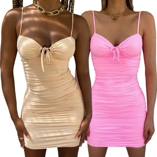 Women Summer Braces Skirt, Solid Color Spaghetti Strap V-Neck Ruffled Tight Braces Skirt for Girls, Apricot/Pink