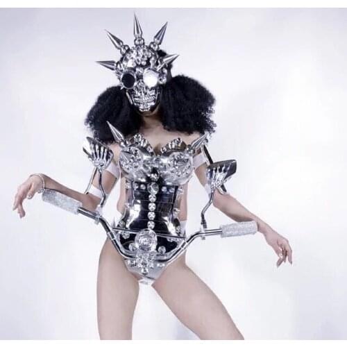 Future Technology clothes silver Mirror LED Light Metal Taper Armor Costume