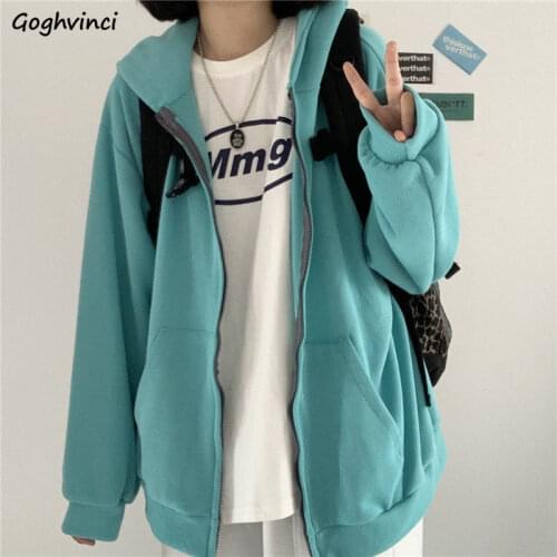 With Hat Hoodies Women Zip-up Zipper Chic Warm Soft Solid Trendy Females Hoodie Harajuku Ins Casual Students Outwear Ulzzang