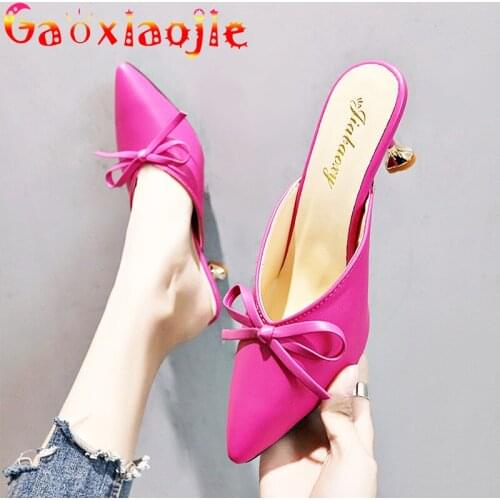 Gaoxiaojie Ladies Shoes 2021 New Pointed Bow Sandals Fashion Baotou Comfortable Career High-Heeled Shoes 6.5CM Stiletto Slippers