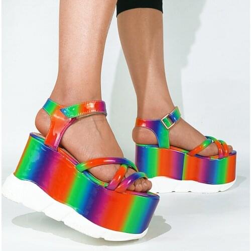 2021 For Dropship Brand Big Size 43 Fashion Rainbow Color Leopard Summer Chunky High Heels Wedges Shoes Women Platform Sandals