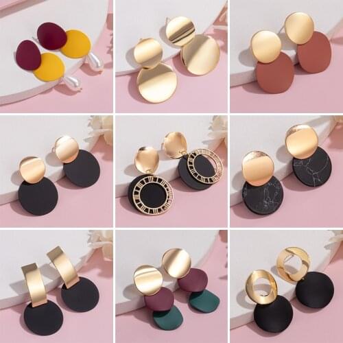 Korean Womens Earrings Fashion Geometric Round Blue Pink Acrylic Sequined Gold Drop Earring for Women 2020 Trend Jewelry New