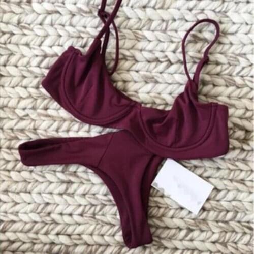 2020 Mid Waist New Summer Women Two Pieces Bikini Set Solid High Quality Padded Push Up Swimwear Brazilian Bikini