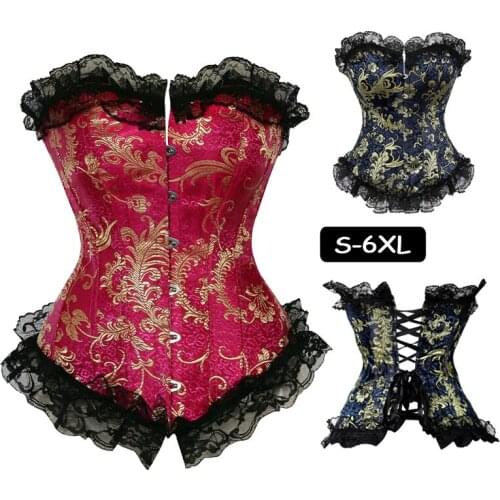 Women 's Lace Up Boned Sexy Plus Size Overbust Corset Bustier Bodyshaper Waist Cincher Floral Corselet Top with G-String