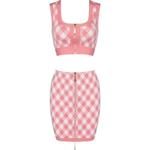 Bandage Sets For Women 2021 New Autumn Plaid Bodycon Tank Skirts Two Pieces Sets Club Party Evening Sexy Clothing