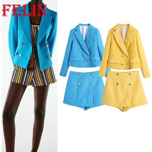 FELIN Za Office Lady Blazer Blue Unicolor Fashion 2021 V Neck Pockets Loose Long Jackets Women Double Breasted Elegant Blazer