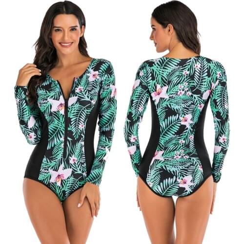 Womens Athletic One Piece Swimsuit Long Sleeve Rash Guard Swimming Bathing Suit Zip-Up Swimwear