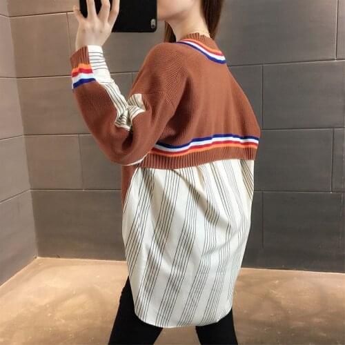 Fake Two Piece Cardigan Striped Shirt Patchwork Women Irregular Knitted Sweater 2021 New Autumn Loose V-neck Collage Knitted Top