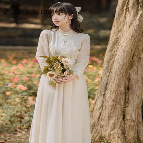 2021 Autumn New Arrival High Quality Vintage Stand Collar Lace Three-quarter Sleeve Collect Waist Women Long Chiffon Dress