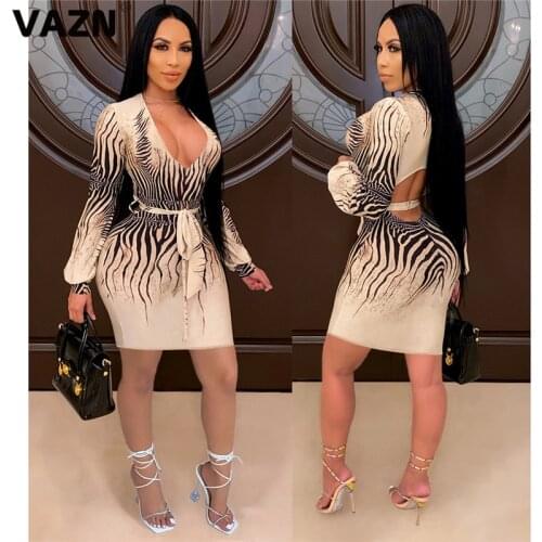 VAZN Top Quality 2021 V-neck Party Cocktail Short Dress Women Elegant Fashion Mini Dress Slim Dress Club Birthday Shinny Dress