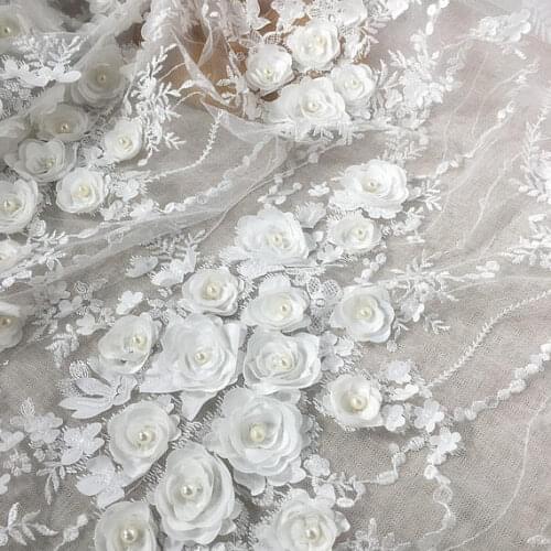 1 yard Gorgeous 3D hand Made Applique Flower tulle mesh embroidery DIY sewing bridal dress Africa Lace fabric off white