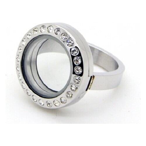 20mm Magnetic Stainless Steel Floating Locket Ring With Rhinestones Glass Living Locket Ring 10pcs