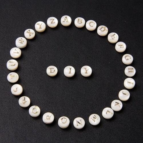 8mm Natural Flat Round Shell Letters Beads A-Z Alphabet Mother of Pearl Shell Loose Beads for Jewelry Making DIY Accessries