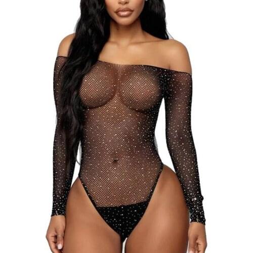 Black Solid Mesh Long Sleeve Ladies Bodysuits Club Style Night Out Rhombus Transparent Sexy Bodysuit Combishort Femme RS80792
