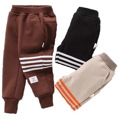 Children Plus Velvet Thick Casual Pants Winter Boys And Girls Striped Stitching Trousers For 2-6 Years Old Childrens Clothing