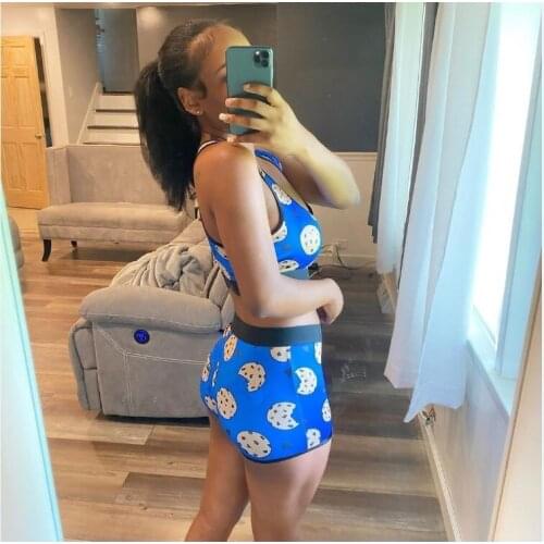 Hirigin 2020 New Women Sexy Print Sleeveless Slim Button Sport Suit Ladies Bodycon Sleepwear 2 Piece Set