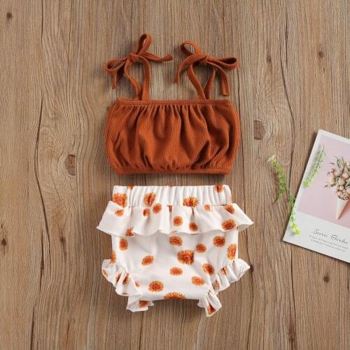 0-24M Newborn Baby Girl Clothing Summer Cute Strpas Tube Top+Ruffle Triangle Sunflower Print Shorts 2pcs Outfits Set