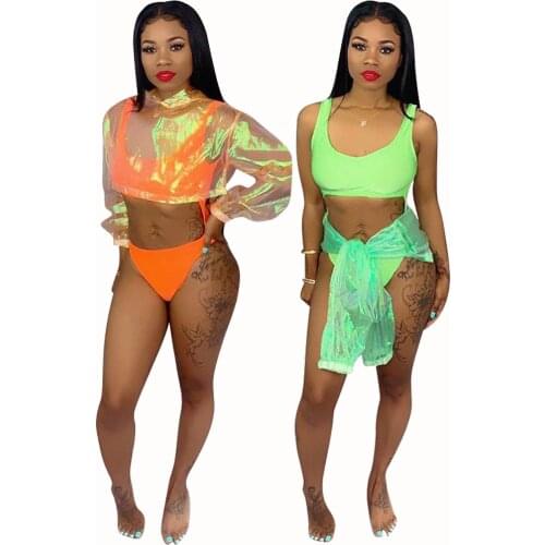 2 Piece Sets Sexy Women Mesh Bikini Cover Up Swimwear Swimsuit Bathing Suit See Through Long Sleeve T-shirt Tops Summer Beach