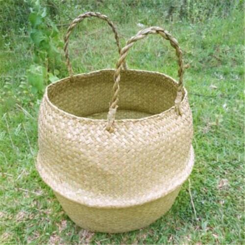 1Pc Storage Basket Foldable Laundry Straw Patchwork Wicker Rattan Belly Garden Flower Pot Vase Planter Handmade Basket