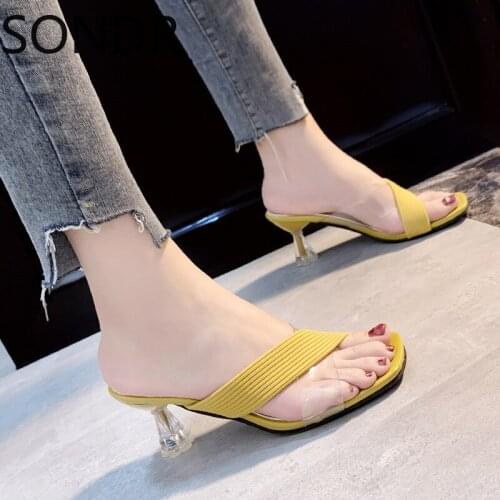 Womens cool drag in summer 2021, new transparent one line drag, cross thick heel and crystal heel heels slippers