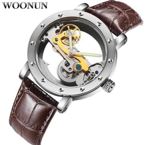Luxury Brand WOONUN Leather Strap Transparent Dial Golden Case Mens Watches Automatic Mechanical Orologio Men