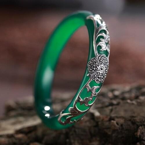 Natural 925 sterling silver four leaf clover inlaid green jade personality temperament ladies jewelry bangles 58-62mm