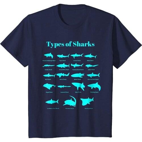 2019 Newest Letter Print Types Of Sharks T-Shirt Educational Marine Biology Tee T-Shirt