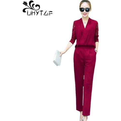 UHYTGF New v-neck spring 2 piece set women fashion Lace stitching tops And trousers co ord set women casual Plus size sets 1403