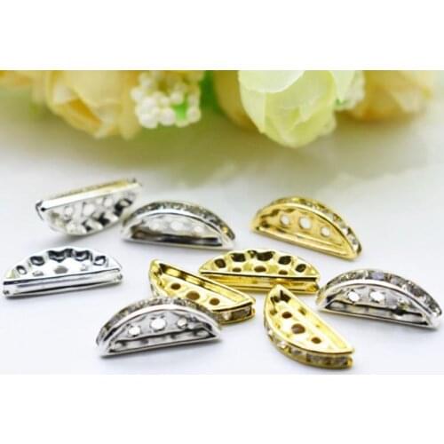 NEW 18*7mm Crystal Spacer Metal Golden Silver Mixed Rhinestone Loose Beads for Jewelry Making Half Round with Three Holes 50pcs