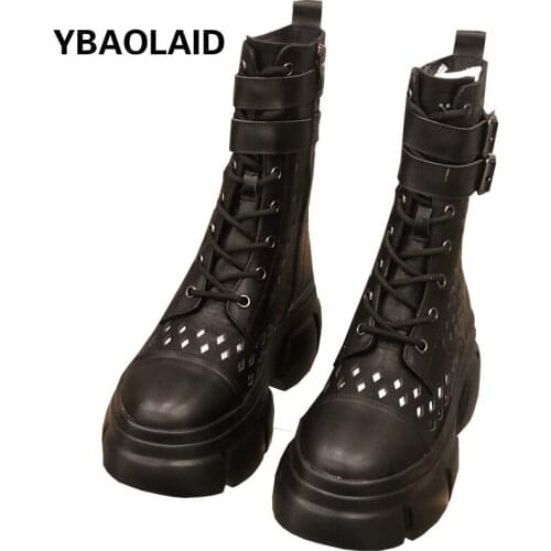 Solid Color Round Head Hollow Breathable Muffin Bottom Martin Boots Belt Buckle Cross Straps Side Zipper Heightening Cool Boots