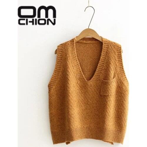 OMCHION Autumn And Winter 2020 Korean V-neck Sleeveless Knit Sweater Vest Women Loose Oversized Pocket Waistcoat Jumper BN42