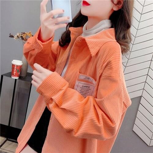 Orange Corduroy Shirt For Women Blouses Tops Long Sleeves Loose Coat Casual Fashion Patchwork Pockets Korean Style Green Spring