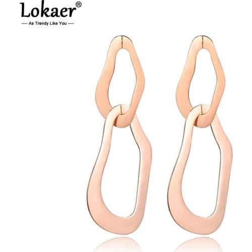 Lokaer Irregular Interlocking Double Circle Stud Earrings Rose Gold Color Stainless Steel Jewelry Women Gift E18064