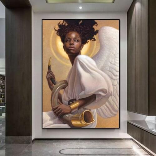 Modern Art Canvas Paintings Golden Angel African Black Woman Posters and Prints Nordic Wall Pictures for Living Room Home Decor
