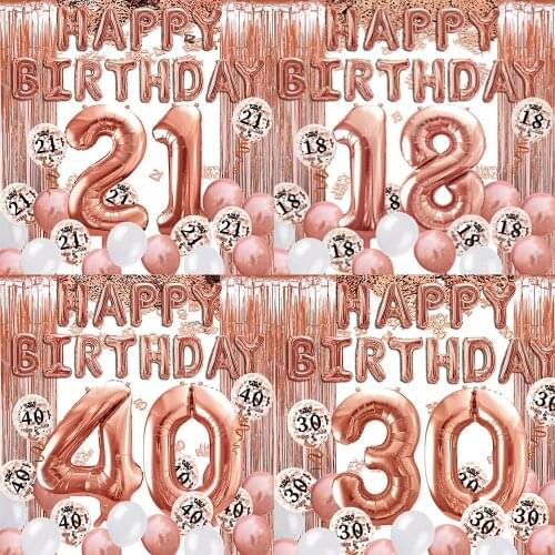 18 - 60 years old rose gold birthday party decoration, happy birthday banner, helium digital balloons XXL, 2 rose gold tassel cu