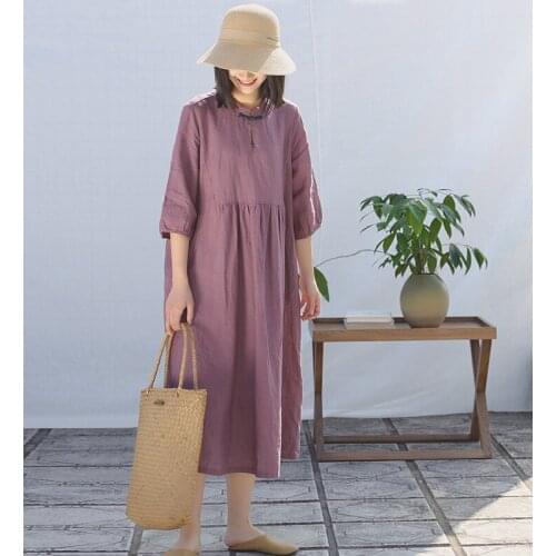 SCUWLINEN Vestidos 2020 Spring Summer Women Dress Solid Vintage Loose Plate Button Three Quarter Sleeve Ramie Cotton Dress S1041