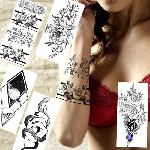 Beautiful Flower Temporary Tattoos Fake Jewelry Snake Hand Tatoos For Women Sexy Body Art Tattoos Waterproof Fashion Black Decor