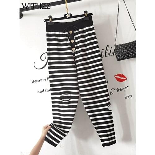 WITHZZ Women Spring Autumn Comfortable Stripe High Waist Hole Thin Trousers Loose Female Sports Casual Knitting Harem Pants