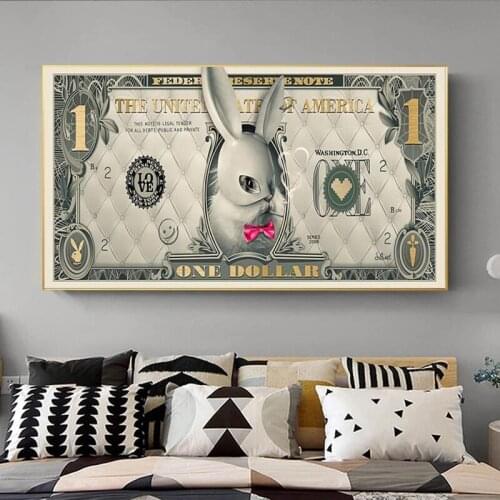 Funny One dollar Cash Art Canvas Posters and Prints Rabbit Animal Creativity Painting on The Wall Picture For Bedroom Home Decor