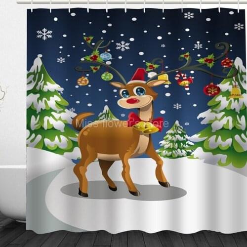 Cartoon Christmas Tree Elk Decoration Pattern Design Custom Shower Curtains Bathroom Waterproof Mildew Polyester Fabric +12 Hook