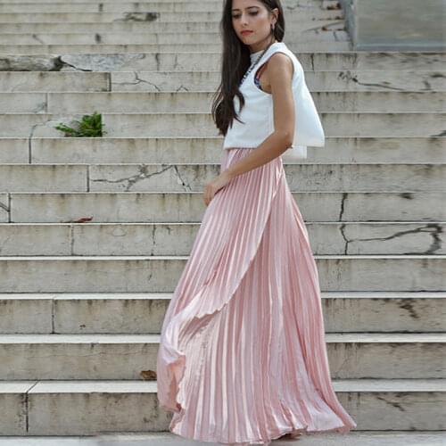 Fashion Satin Pleated Skirts Women Zipper 2019 Custom Made A-line Pretty Pink Long A-line Female Adult Maxi Skirt
