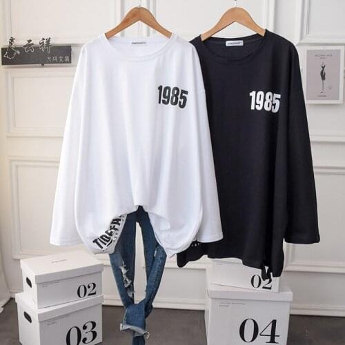 Large Size Women Hole Streetwear Cotton T Shirt Long Sleeve 2021 Korean Plain Crewneck Oversized Leisure Tee Tunic Top Black